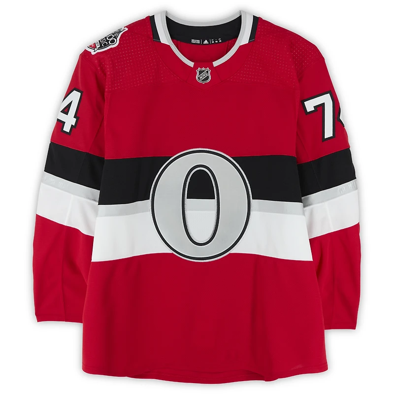 Maillot rouge adidas n° 74 des Sénateurs d'Ottawa porté à l'entraînement par Mark Borowiecki contre les Canadiens de Montréal le 16 décembre 2017 - Classique NHL100 - Porté pendant l'échauffement