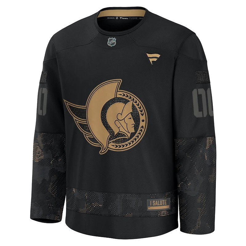 Maillot d'entraînement personnalisé d'appréciation militaire 2024 Fanatics pour hommes des Sénateurs d'Ottawa noirs