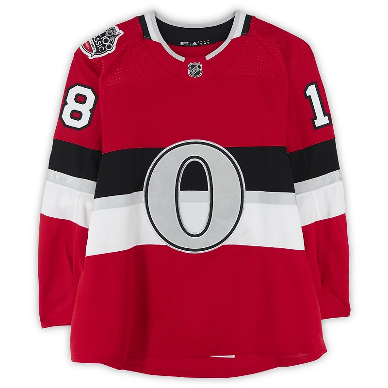 Ryan Dzingel Ottawa Senators Practice-Used #18 Red adidas Jersey vs. Montreal Canadiens on December 16, 2017 - NHL100 Classic - Worn During Warm-Ups