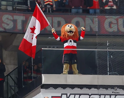 Photographie non signée des Sénateurs d'Ottawa de Spartacat agitant le drapeau canadien