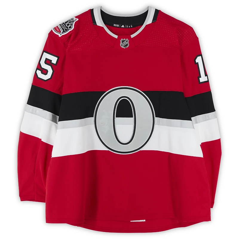 Maillot rouge adidas n° 15 de Zack Smith, porté à l'entraînement lors du match contre les Canadiens de Montréal le 16 décembre 2017 - Classique NHL100 - Porté pendant l'échauffement