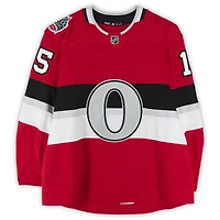Maillot rouge adidas n° 15 de Zack Smith, porté à l'entraînement lors du match contre les Canadiens de Montréal le 16 décembre 2017 - Classique NHL100 - Porté pendant l'échauffement