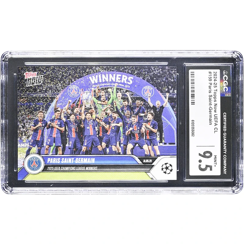 Carte authentifiée CGC 9.5 du Paris Saint-Germain 2024-25 Topps Now UEFA CL '25, vainqueur de la Ligue des champions de l'UEFA, n° 159