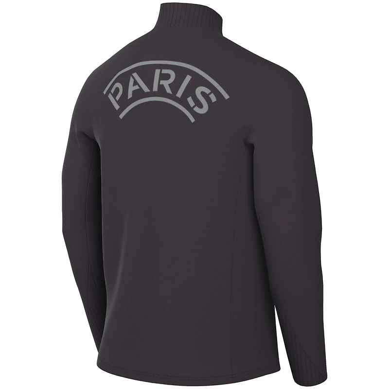 Haut Nike Dri-FIT à manches longues et fermeture éclair quart de zip pour homme, Paris Saint-Germain, couleur anthracite.