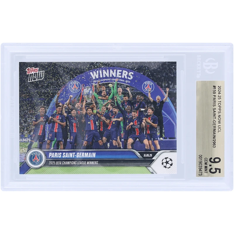 Carte authentifiée BGS 9.5 du Paris Saint-Germain 2024-25 Topps Now 2025, vainqueur de la Ligue des champions de l'UEFA, n° 159