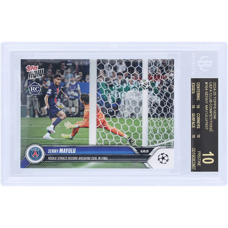 Senny Mayulu Paris Saint-Germain 2024-25 Topps Now UEFA Rookie Strikes Record-Breaking Goal in Final Black Label #164 BGS Authenticated 10 Rookie Card - 10,10,10,10 Subgrades