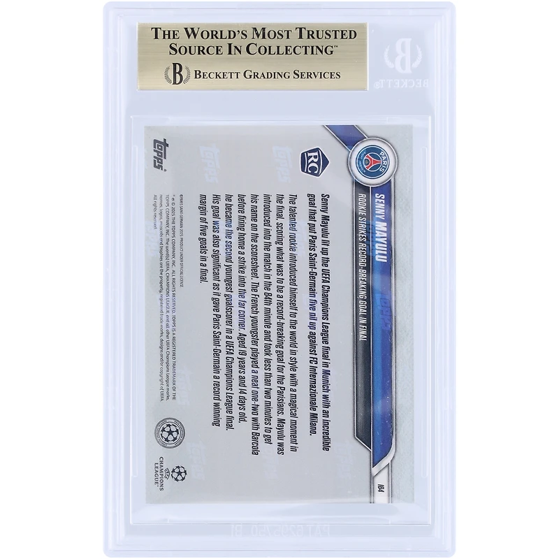Senny Mayulu Paris Saint-Germain 2024-25 Topps Now UEFA Rookie Strikes Record-Breaking Goal in Final #164 BGS Authenticated 10 Rookie Card - 10,10,10,9.5 Subgrades