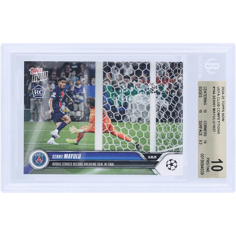 Senny Mayulu Paris Saint-Germain 2024-25 Topps Now UEFA Rookie Strikes Record-Breaking Goal in Final #164 BGS Authenticated 10 Rookie Card - 10,10,10,9.5 Subgrades