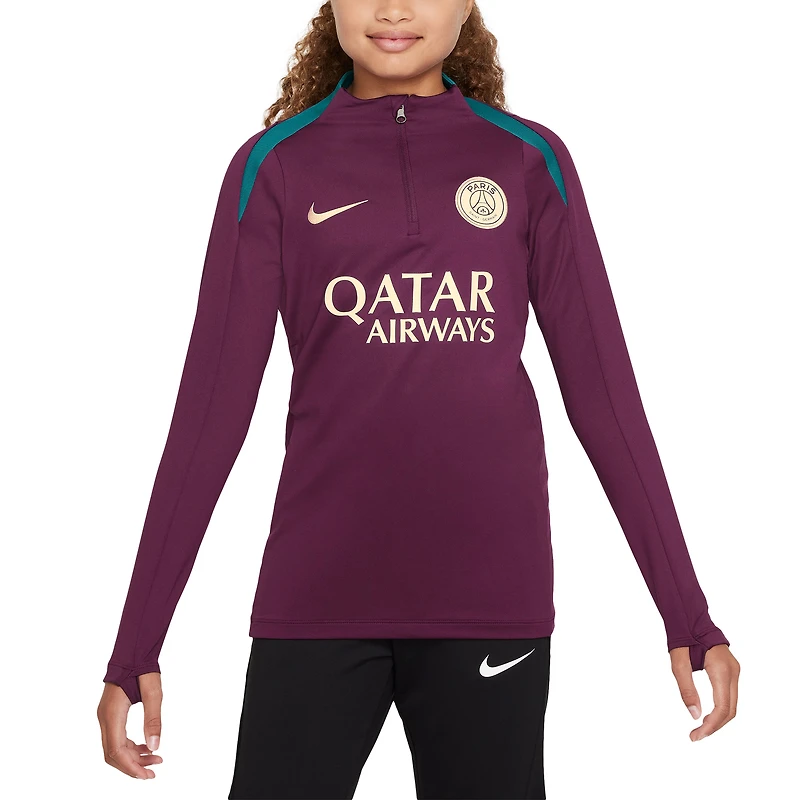 Haut d'entraînement performant à manches longues et zip quart de Nike Paris Saint-Germain 2024/25 Strike Drill pour enfant - Bordeaux