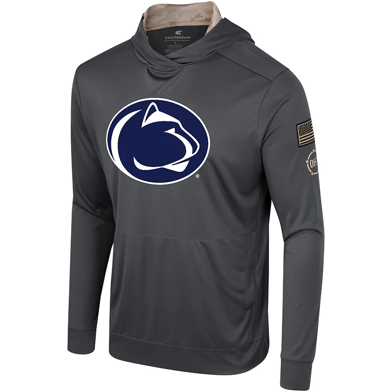 T-shirt à capuche manches longues pour hommes Colosseum Charcoal Penn State Nittany Lions OHT Appréciation militaire