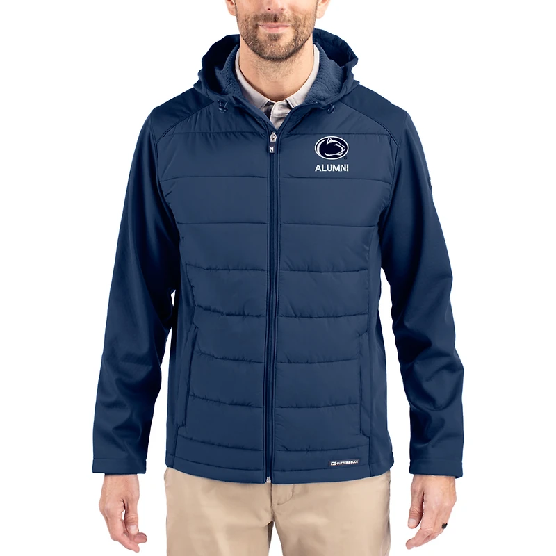 Men's Cutter & Buck Navy Penn State Nittany Lions Evoke Hybrid Eco Softshell Recycled Full Zip Hooded Jacket