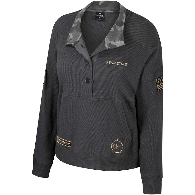 Women's Colosseum  Heather Charcoal Penn State Nittany Lions OHT Military Appreciation Payback Henley Thermal Sweatshirt