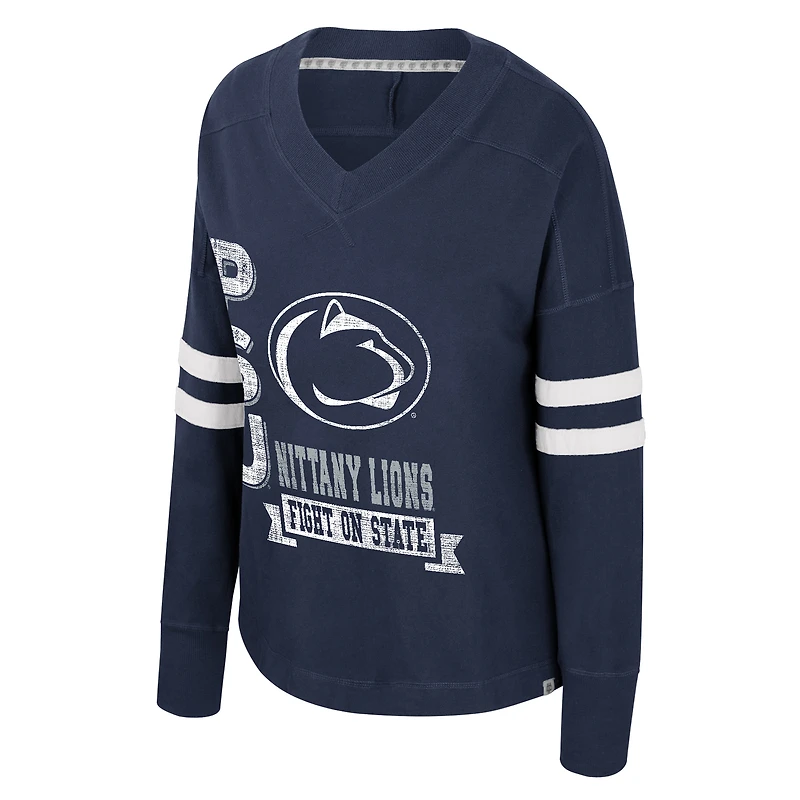 T-shirt à manches longues et col en V surdimensionné violet vieilli pour femme, bleu marine, Penn State Nittany Lions