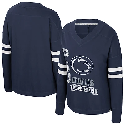 Women's Colosseum  Navy Penn State Nittany Lions Oversized Violet Distressed V-Neck Long Sleeve T-Shirt