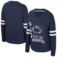 Women's Colosseum  Navy Penn State Nittany Lions Oversized Violet Distressed V-Neck Long Sleeve T-Shirt
