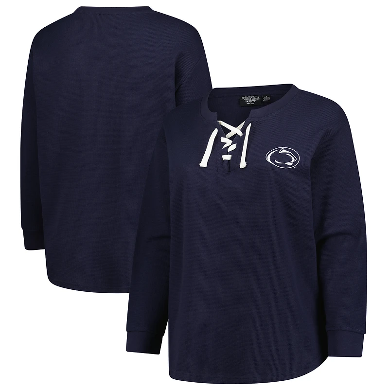 Women's Fanatics Navy Penn State Nittany Lions Lace-Up Waffle Knit Plus Long Sleeve T-Shirt