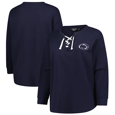 Women's Fanatics Navy Penn State Nittany Lions Lace-Up Waffle Knit Plus Long Sleeve T-Shirt