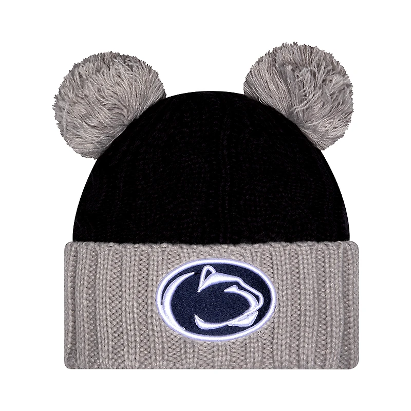 Bonnet en tricot à revers ton sur ton Penn State Nittany Lions New Era noir pour femme avec double pompon