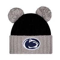 Bonnet en tricot à revers ton sur ton Penn State Nittany Lions New Era noir pour femme avec double pompon