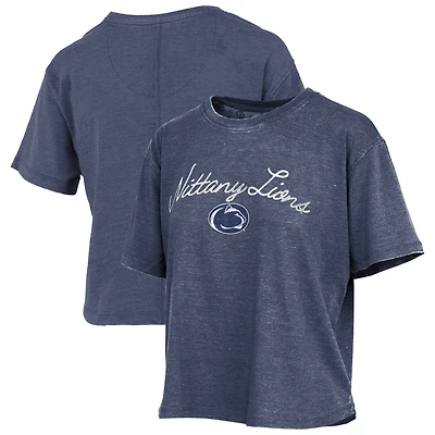 T-shirt Pressbox bleu marine pour femme Penn State Nittany Lions, style vintage, longueur taille, logo superposé à l'écriture cursive