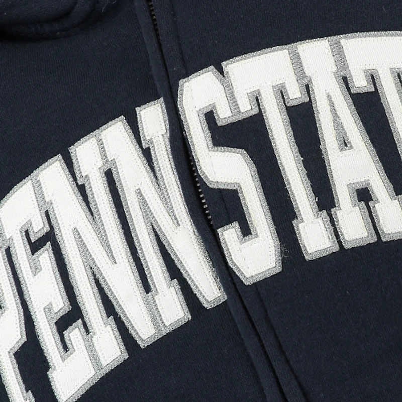 Sweat à capuche zippé pour femme, style athlétique, bleu marine, Penn State Nittany Lions, avec nom en arc de cercle.