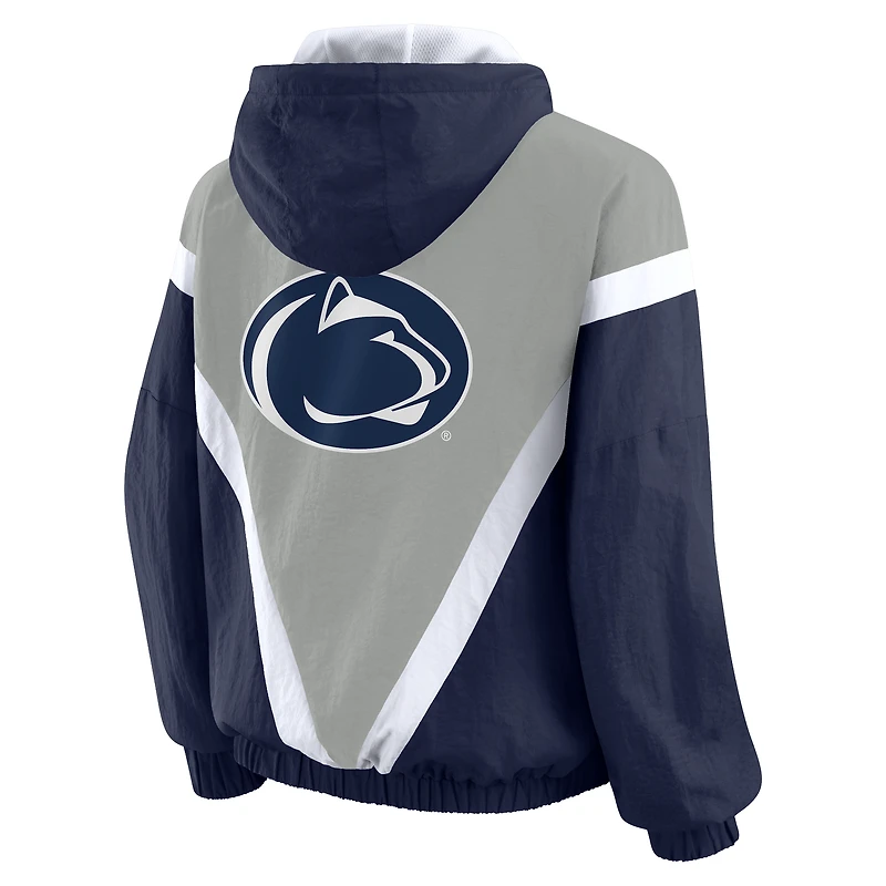 Veste coupe-vent à capuche entièrement zippée colorblock Penn State Nittany Lions bleu marine/gris pour femme par Erin Andrews