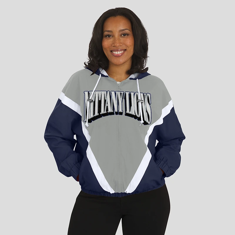 Veste coupe-vent à capuche entièrement zippée colorblock Penn State Nittany Lions bleu marine/gris pour femme par Erin Andrews