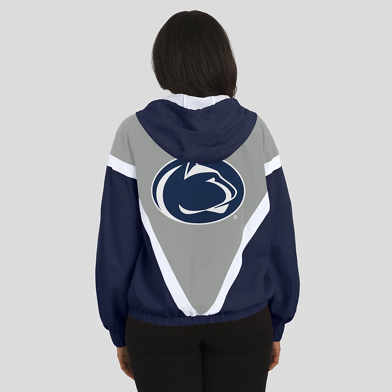 Veste coupe-vent à capuche entièrement zippée colorblock Penn State Nittany Lions bleu marine/gris pour femme par Erin Andrews