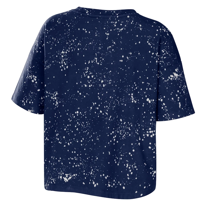 Women's WEAR by Erin Andrews Navy Penn State Nittany Lions Bleach Wash Splatter Cropped Notch Neck T-Shirt