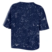 Women's WEAR by Erin Andrews Navy Penn State Nittany Lions Bleach Wash Splatter Cropped Notch Neck T-Shirt