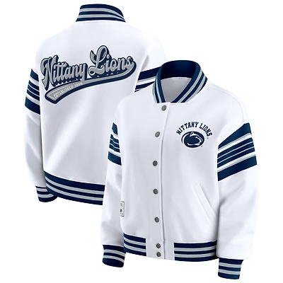 Women's WEAR by Erin Andrews White/Navy Penn State Nittany Lions Satin Stitch Full-Snap Fleece Sweatshirt Jacket