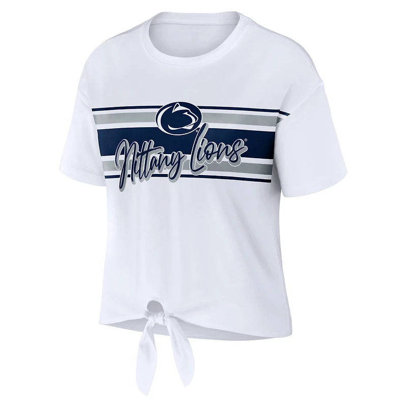 Women's WEAR by Erin Andrews White Penn State Nittany Lions Striped Front Knot Cropped T-Shirt