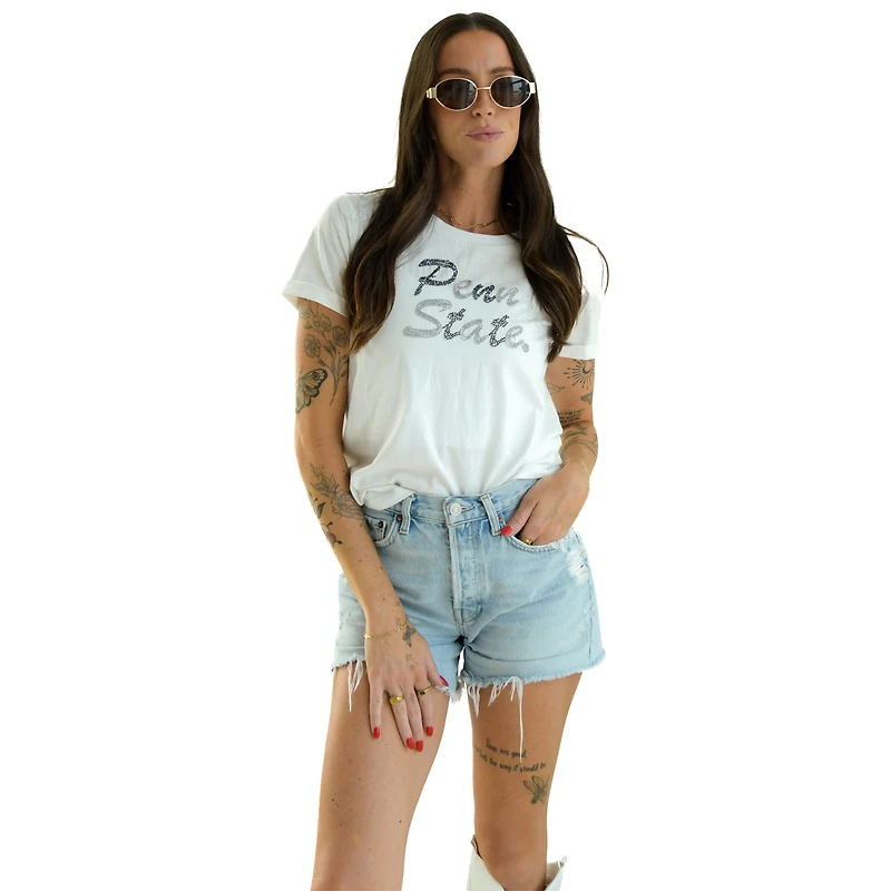 Women's White Penn State Nittany Lions Hand Sewn Beaded Script T-Shirt