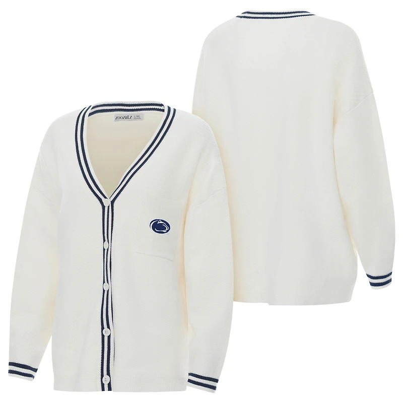 Cardigan boutonné en tricot rayé crème pour femme ZooZatz Penn State Nittany Lions