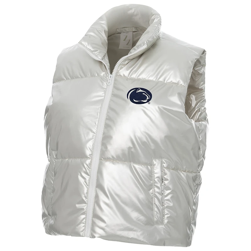 Women's ZooZatz Silver Penn State Nittany Lions Metallic Cropped Full-Zip Sleeveless Puffer Vest