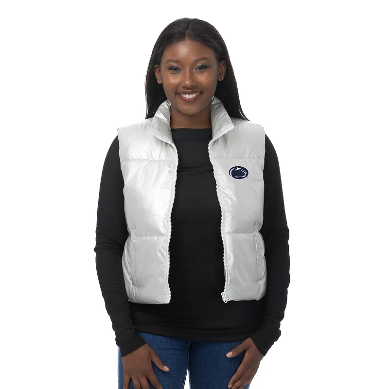 Women's ZooZatz Silver Penn State Nittany Lions Metallic Cropped Full-Zip Sleeveless Puffer Vest