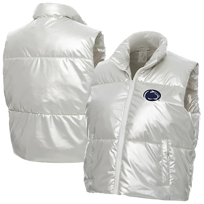Women's ZooZatz Silver Penn State Nittany Lions Metallic Cropped Full-Zip Sleeveless Puffer Vest