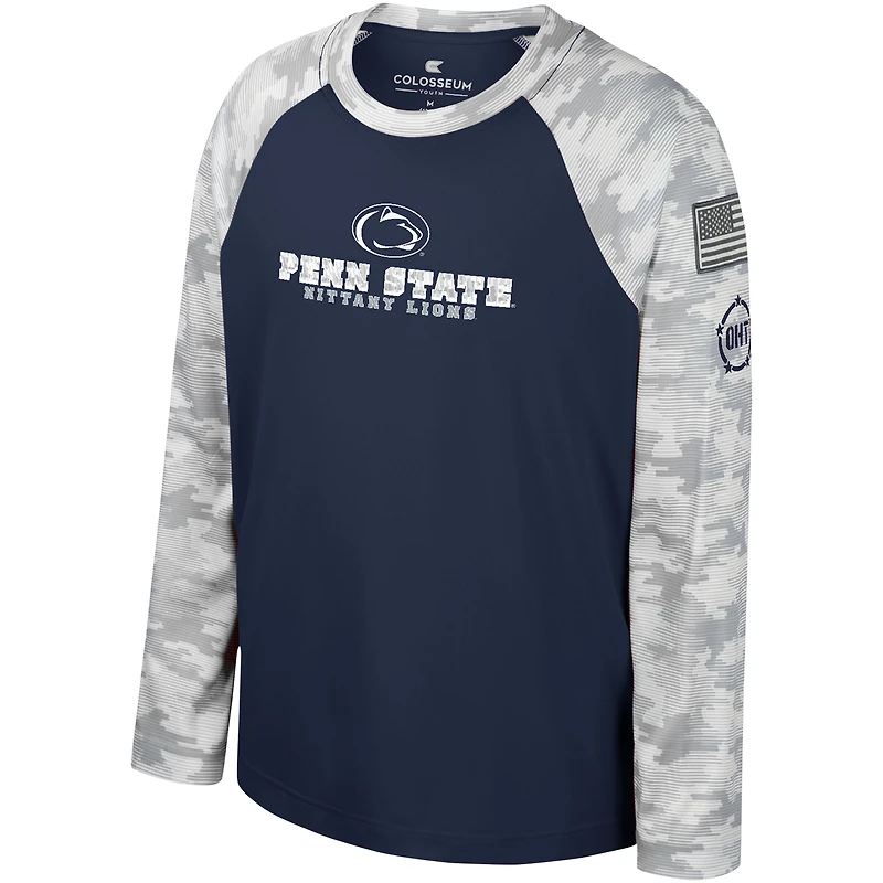 T-shirt à manches longues Raglan pour jeunes Colosseum Navy/Camo Penn State Nittany Lions OHT Appréciation militaire Dark Star
