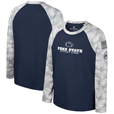 T-shirt à manches longues Raglan pour jeunes Colosseum Navy/Camo Penn State Nittany Lions OHT Appréciation militaire Dark Star