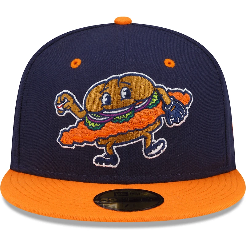 Casquette ajustée New Era 59FIFTY pour homme, bleu marine et orange, thème Peoria Chiefs.