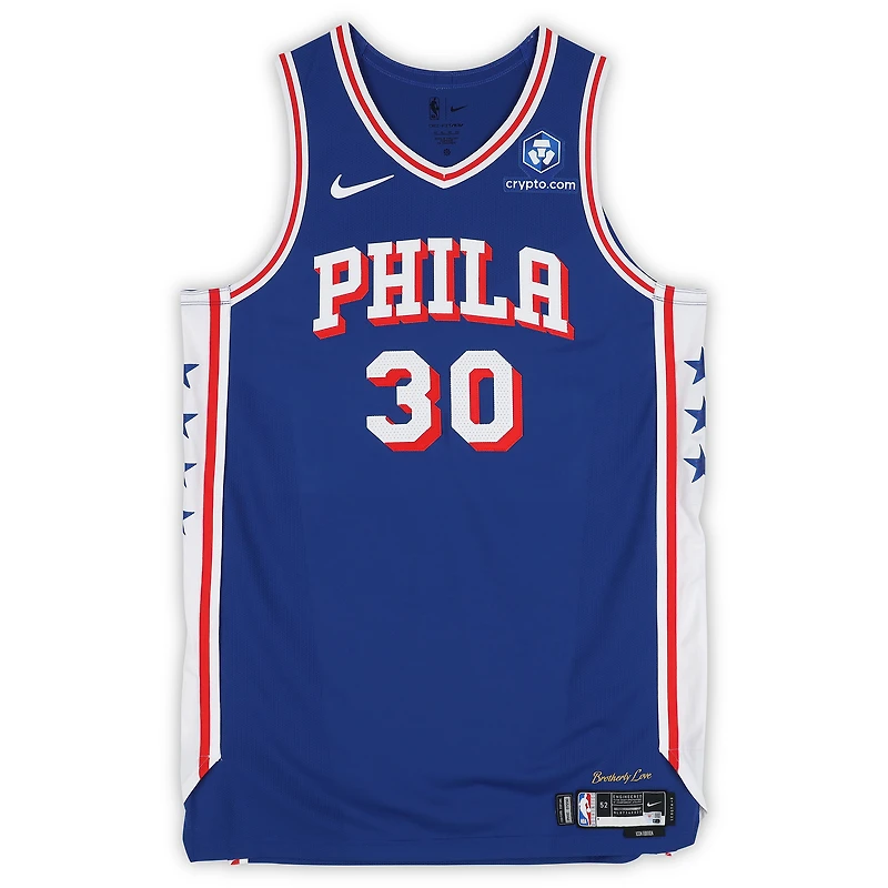 Maillot Nike royal n° 30 porté par Adem Bona (Philadelphia 76ers) lors du match contre les New York Knicks le 4 mai 2026 - Taille 52+6