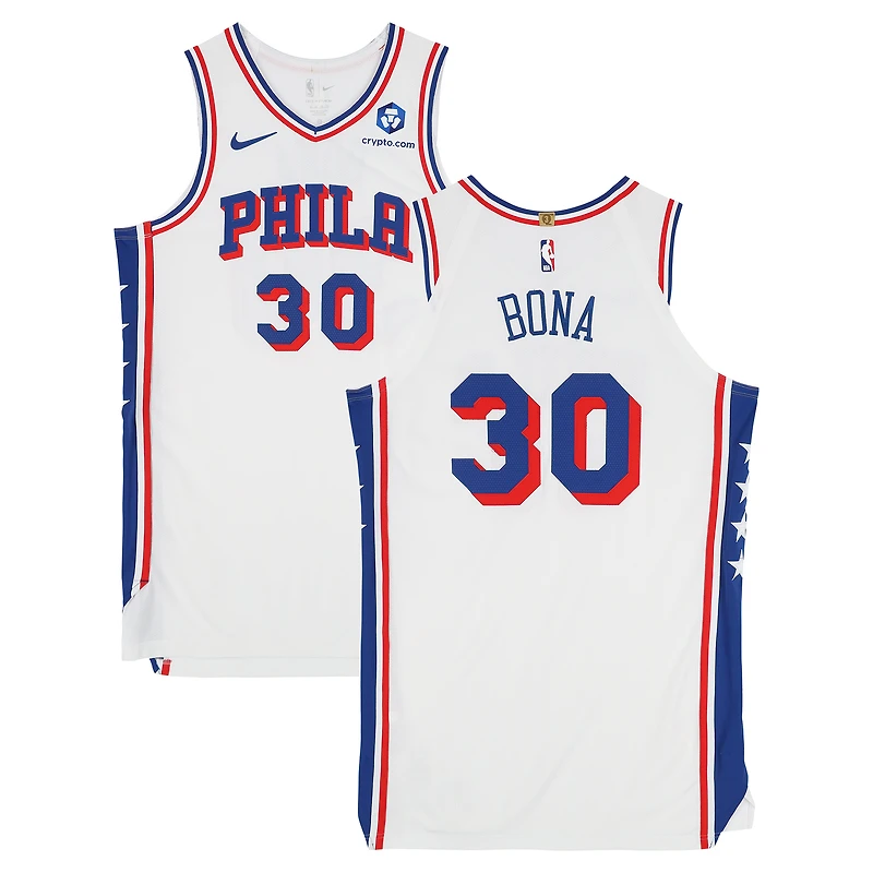 Maillot Nike blanc n° 30 porté par Adem Bona des Philadelphia 76ers lors de la saison NBA 2025-2026 - Taille 52+6