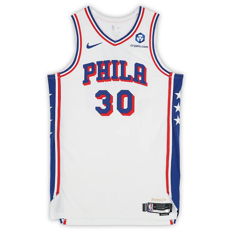 Maillot Nike blanc n° 30 porté par Adem Bona des Philadelphia 76ers lors de la saison NBA 2025-2026 - Taille 52+6