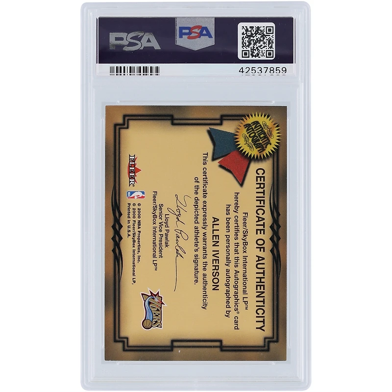Allen Iverson Philadelphia 76ers Autographié 2000 Fleer Autographics #NNO PSA Authentifié 7 Carte