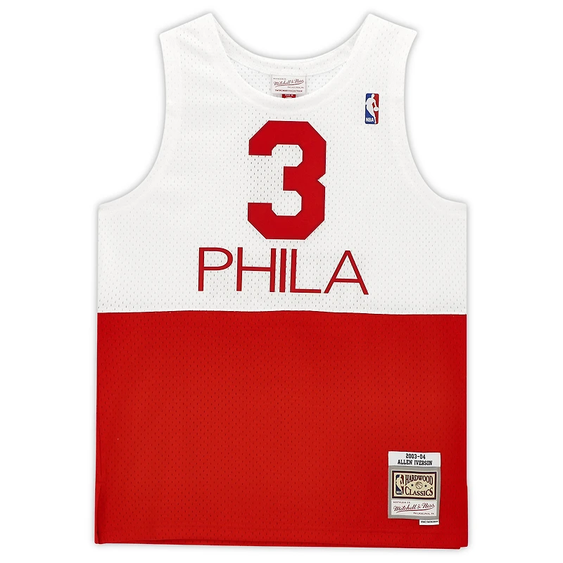 Maillot Swingman rouge et blanc autographié par Allen Iverson des Philadelphia 76ers Mitchell & Ness 2003-04