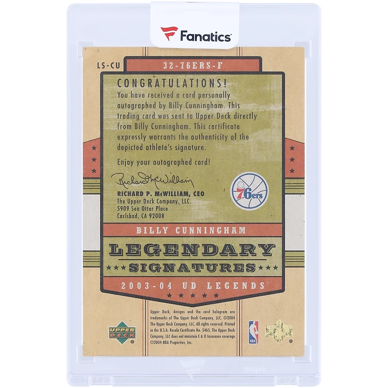 Carte autographiée de Billy Cunningham (Philadelphia 76ers) 2003-04 Upper Deck Legends Legendary Signatures #LS-CU