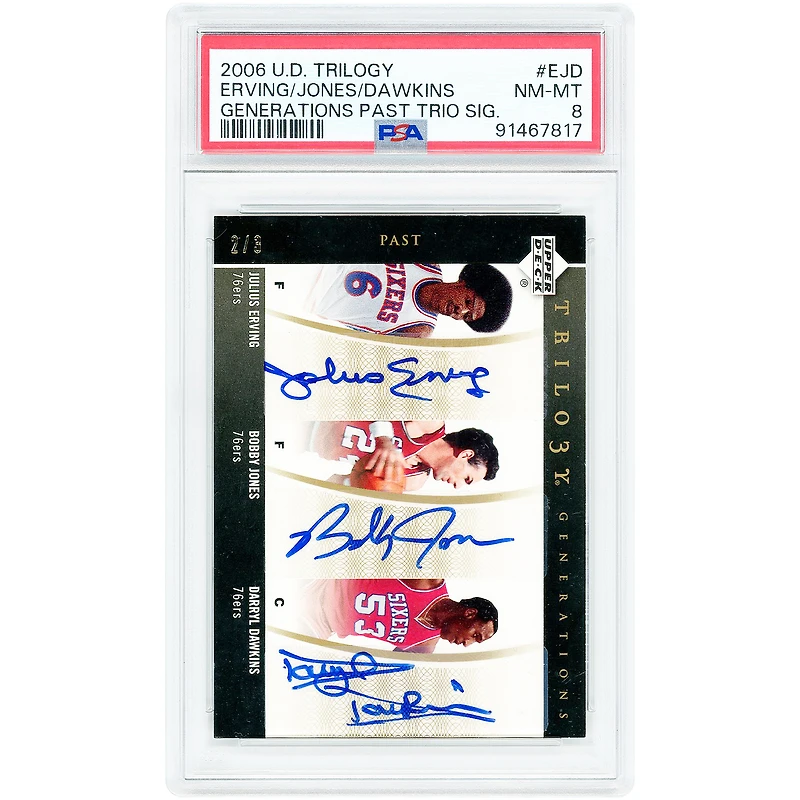 Julius Erving, Darryl Dawkins & Bobby Jones Philadelphia 76ers Autographed 2006 Upper Deck Trilogy Generations Past Triple Auto #PTS-EJD #2/3 PSA Authenticated 8 Card