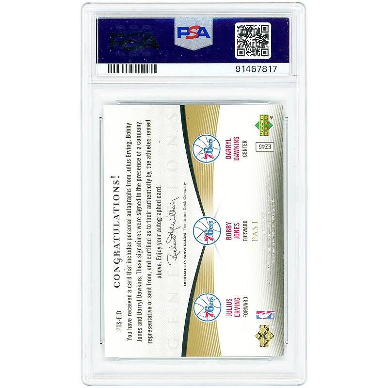 Julius Erving, Darryl Dawkins & Bobby Jones Philadelphia 76ers Autographed 2006 Upper Deck Trilogy Generations Past Triple Auto #PTS-EJD #2/3 PSA Authenticated 8 Card
