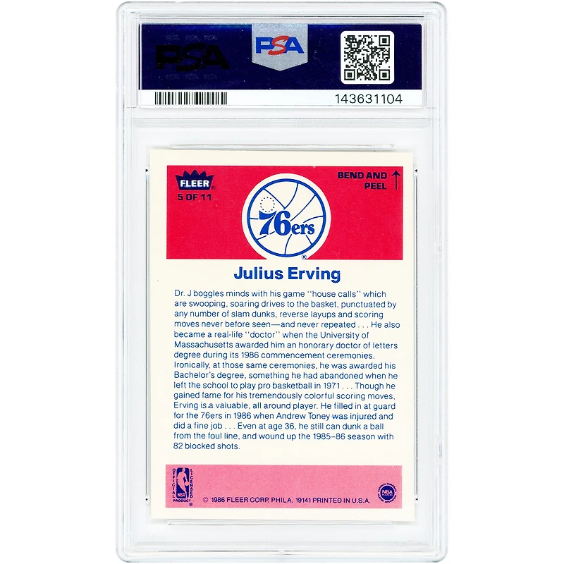 Carte Julius Erving Philadelphia 76ers 1986-87 Fleer Sticker n° 5, authentifiée PSA 8
