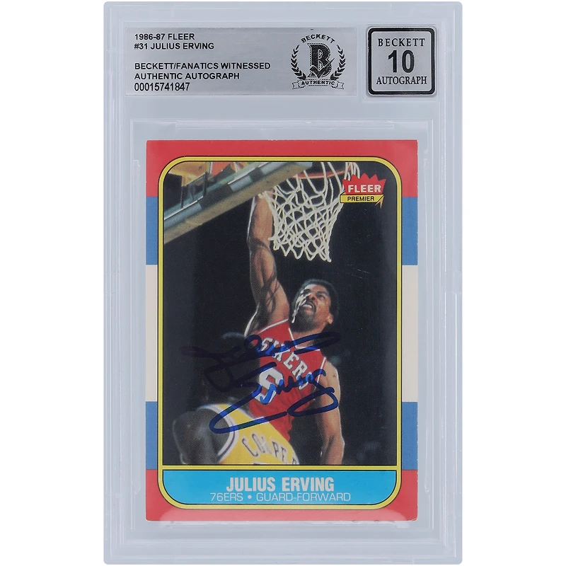 Carte 10 authentifiée signée Julius Erving Philadelphia 76ers Fleer #31 1986-87 Beckett Fanatics Witnessed